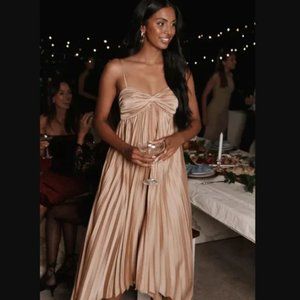 COPY - Petal & Pup Vikki Gold Satin Pleated Asymmetrical Hem Midi Dress 0